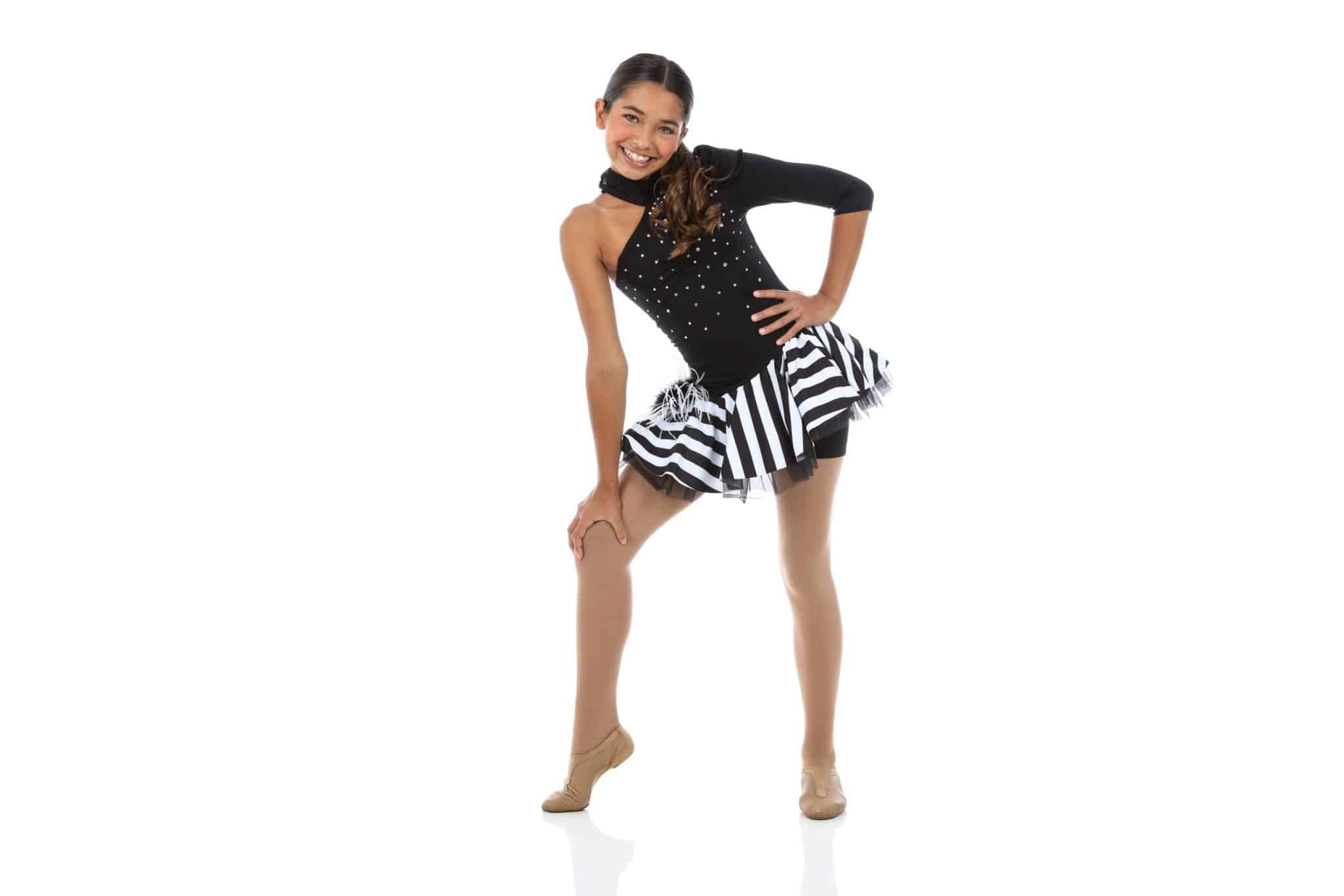 Preteen girl in black and white jazz costume posing confidently at Shooting_Stars in Santa Clarita